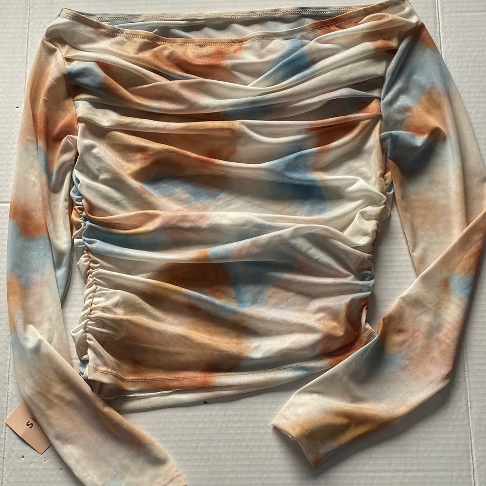 SHEIN Cream and Blue Ruched Off-Shoulder Top